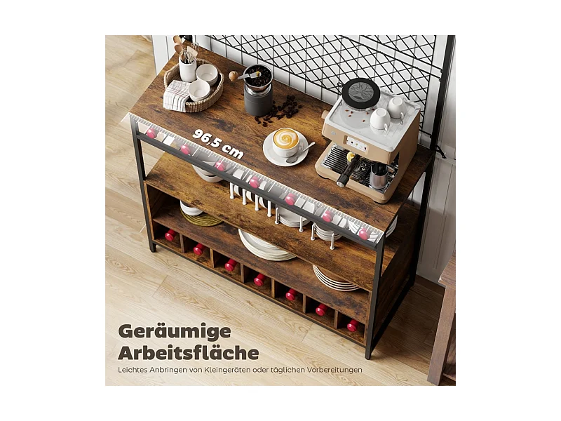 Étagère de cuisine avec plan de travail, Panneaux en métal, 5 crochets – Meuble de rangement pour épices, casseroles et poêles，Marron