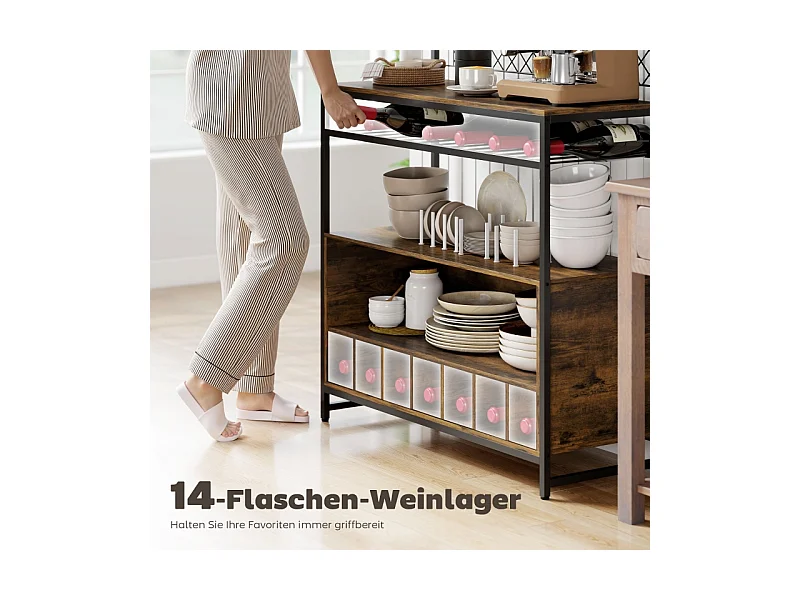 Étagère de cuisine avec plan de travail, Panneaux en métal, 5 crochets – Meuble de rangement pour épices, casseroles et poêles，Marron