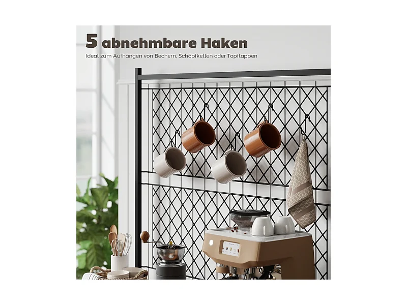 Étagère de cuisine avec plan de travail, Panneaux en métal, 5 crochets – Meuble de rangement pour épices, casseroles et poêles，Marron