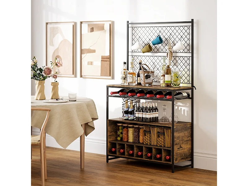 Étagère de cuisine avec plan de travail, Panneaux en métal, 5 crochets – Meuble de rangement pour épices, casseroles et poêles，Marron