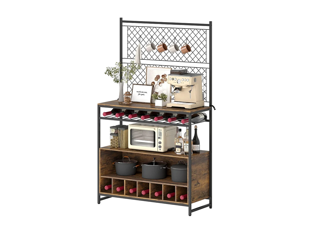 Étagère de cuisine avec plan de travail, Panneaux en métal, 5 crochets – Meuble de rangement pour épices, casseroles et poêles，Marron