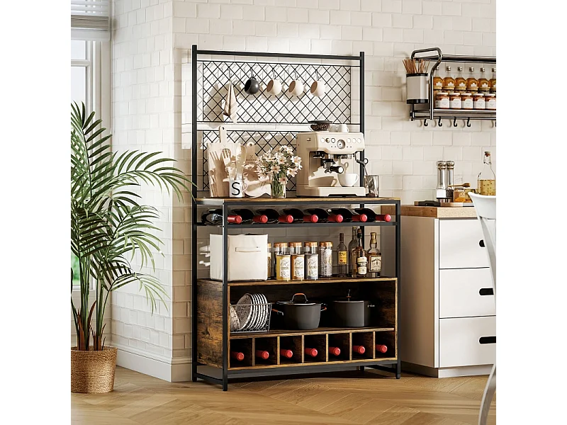 Estante de cocina con encimera, paneles metálicos y 5 ganchos - Armario para especias, ollas y sartenes, color marrón