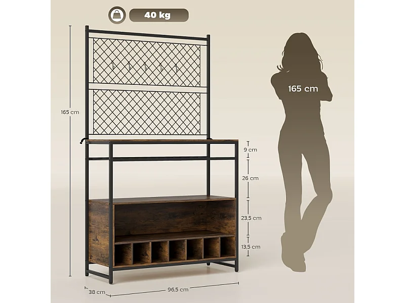 Estante de cocina con encimera, paneles metálicos y 5 ganchos - Armario para especias, ollas y sartenes, color marrón