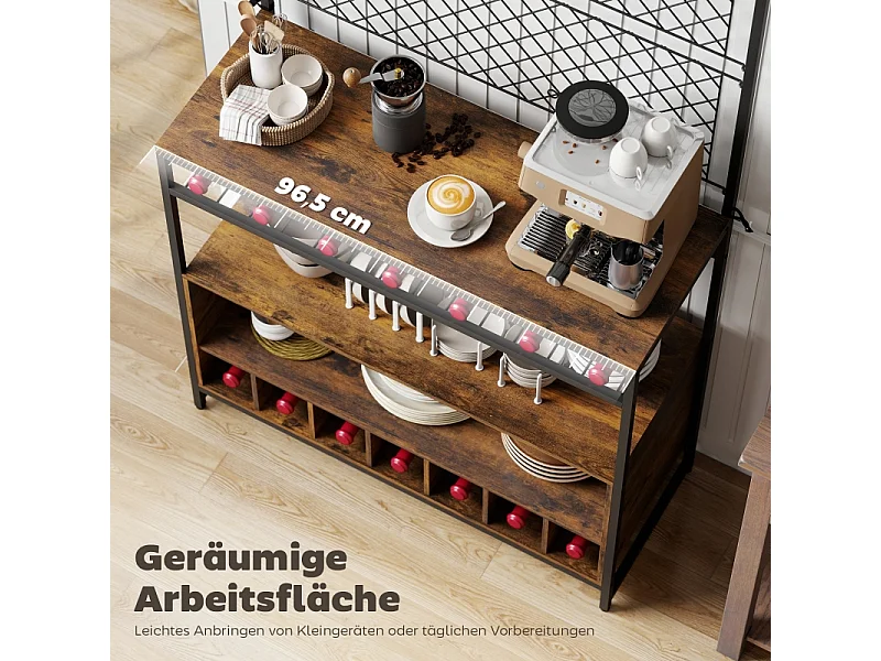 Estante de cocina con encimera, paneles metálicos y 5 ganchos - Armario para especias, ollas y sartenes, color marrón