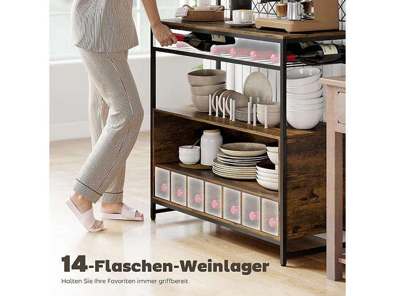 Estante de cocina con encimera, paneles metálicos y 5 ganchos - Armario para especias, ollas y sartenes, color marrón