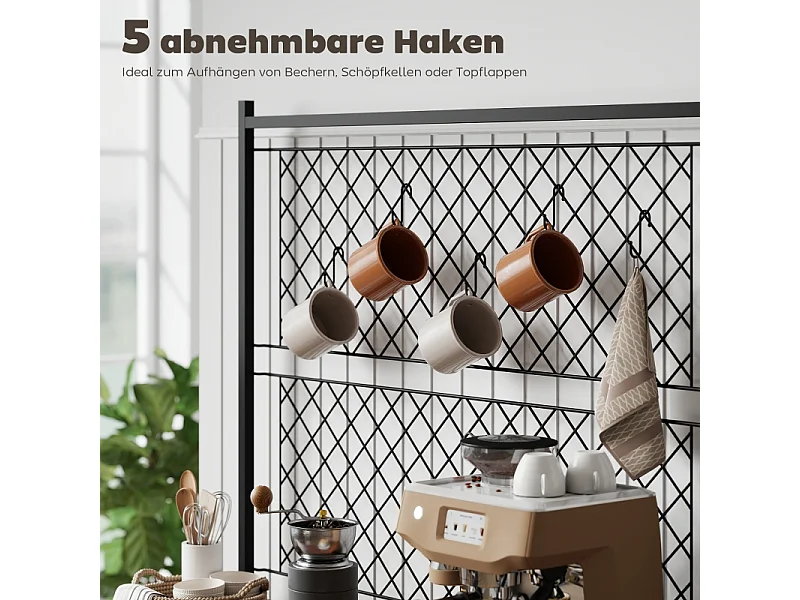 Estante de cocina con encimera, paneles metálicos y 5 ganchos - Armario para especias, ollas y sartenes, color marrón