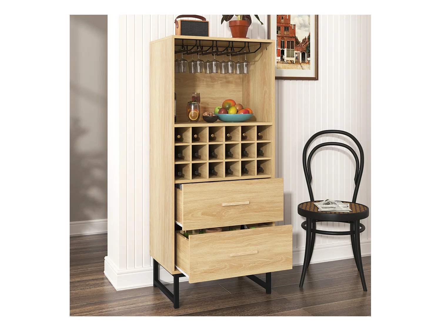 Buffet / meuble à vin avec 2 tiroirs, 18 compartiments et support à verres – Pieds métal noir mat – Idéal pour les amateurs de vin