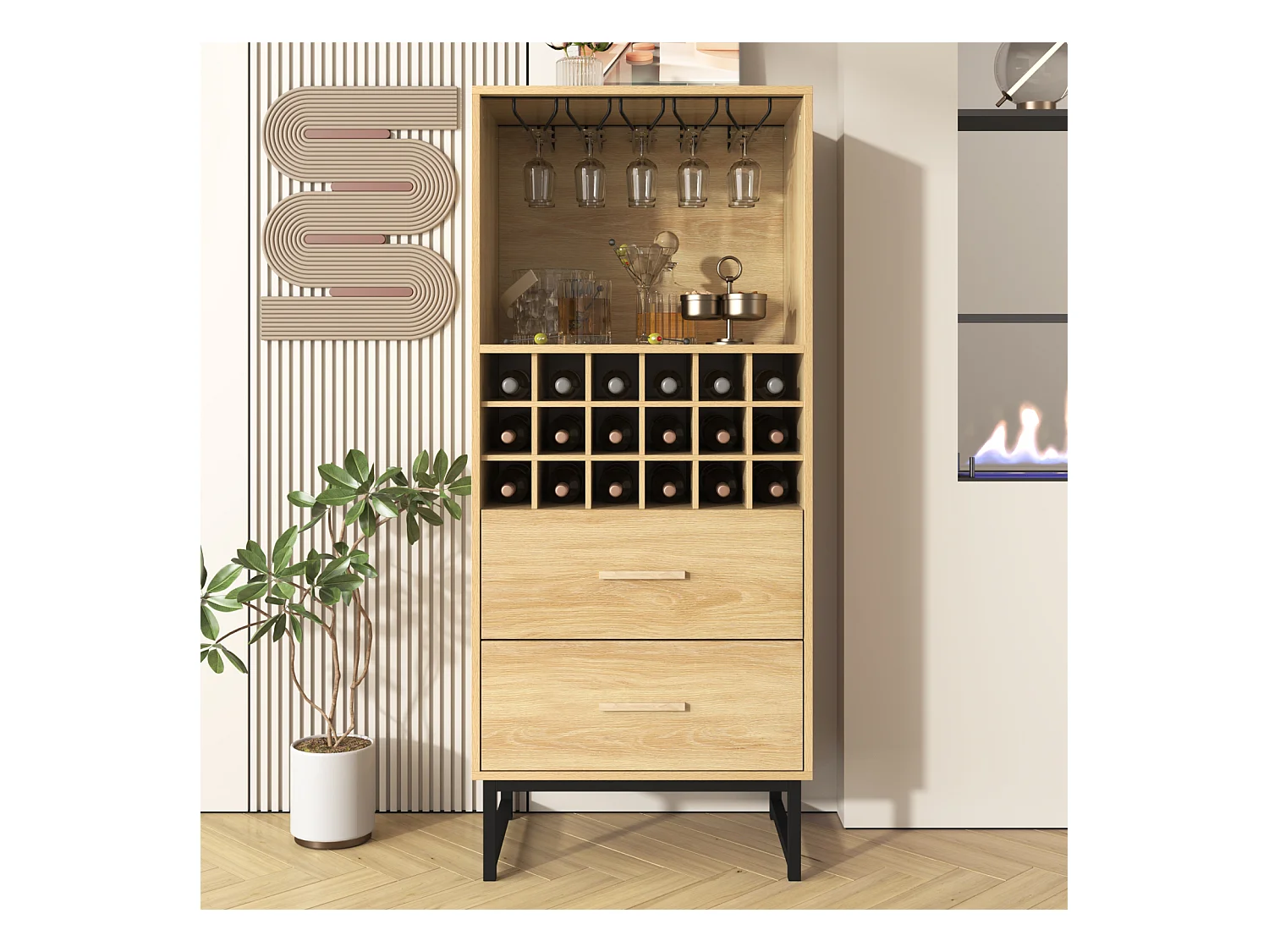 Buffet / meuble à vin avec 2 tiroirs, 18 compartiments et support à verres – Pieds métal noir mat – Idéal pour les amateurs de vin