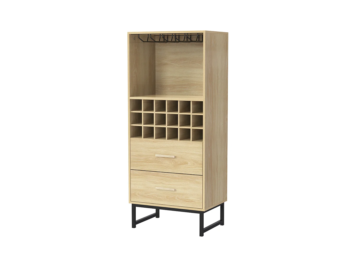 Buffet / meuble à vin avec 2 tiroirs, 18 compartiments et support à verres – Pieds métal noir mat – Idéal pour les amateurs de vin