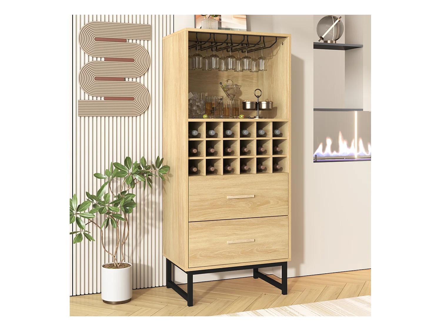 Buffet / meuble à vin avec 2 tiroirs, 18 compartiments et support à verres – Pieds métal noir mat – Idéal pour les amateurs de vin