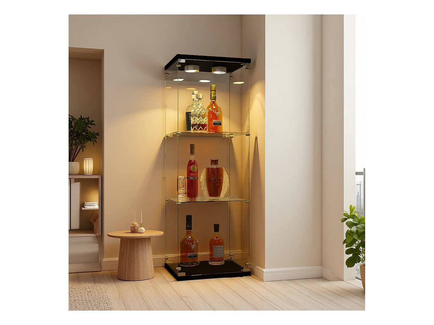 Vitrine en verre à trois couches avec lumière LED, noire, élégante vitrine en verre pour exposer vos trésors