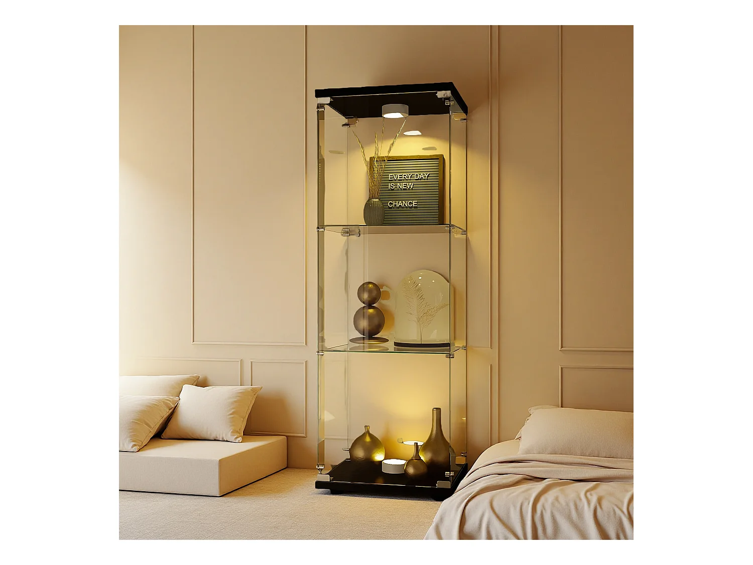 Vitrine en verre à trois couches avec lumière LED, noire, élégante vitrine en verre pour exposer vos trésors