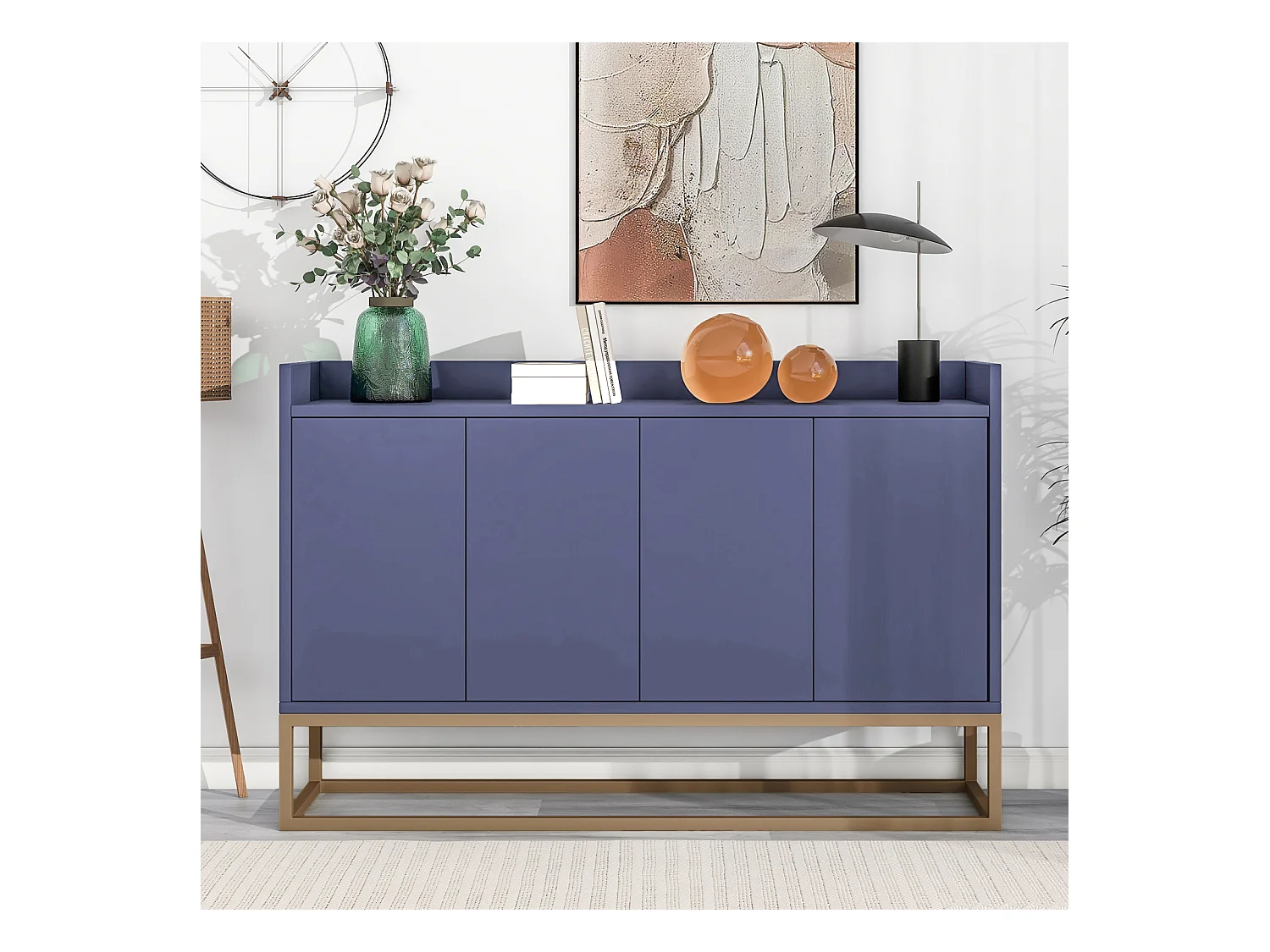 Buffet moderne minimaliste 4 portes sans poignées – Meuble élégant pour salle à manger, salon et cuisine – Bleu marine