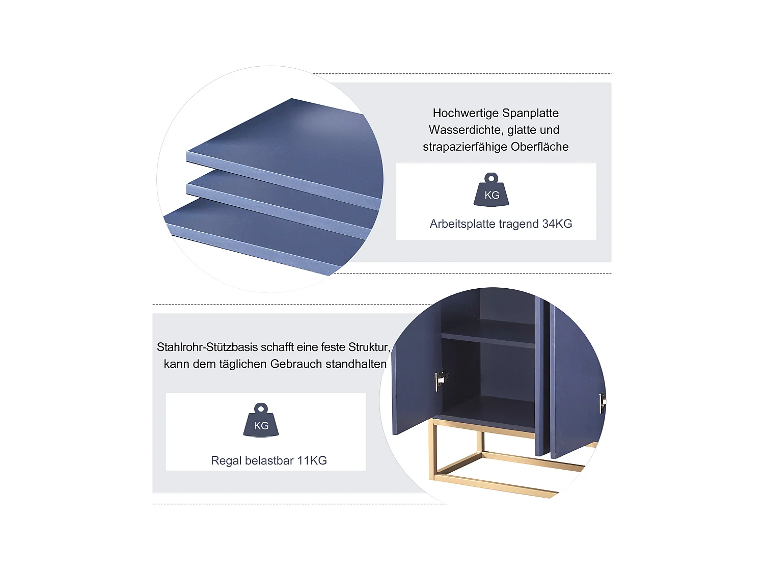 Buffet moderne minimaliste 4 portes sans poignées – Meuble élégant pour salle à manger, salon et cuisine – Bleu marine