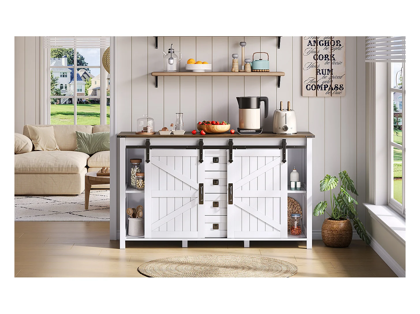 Buffet vintage blanc 137 cm avec 4 tiroirs et portes coulissantes – Parfait pour cuisine, salle à manger ou salon