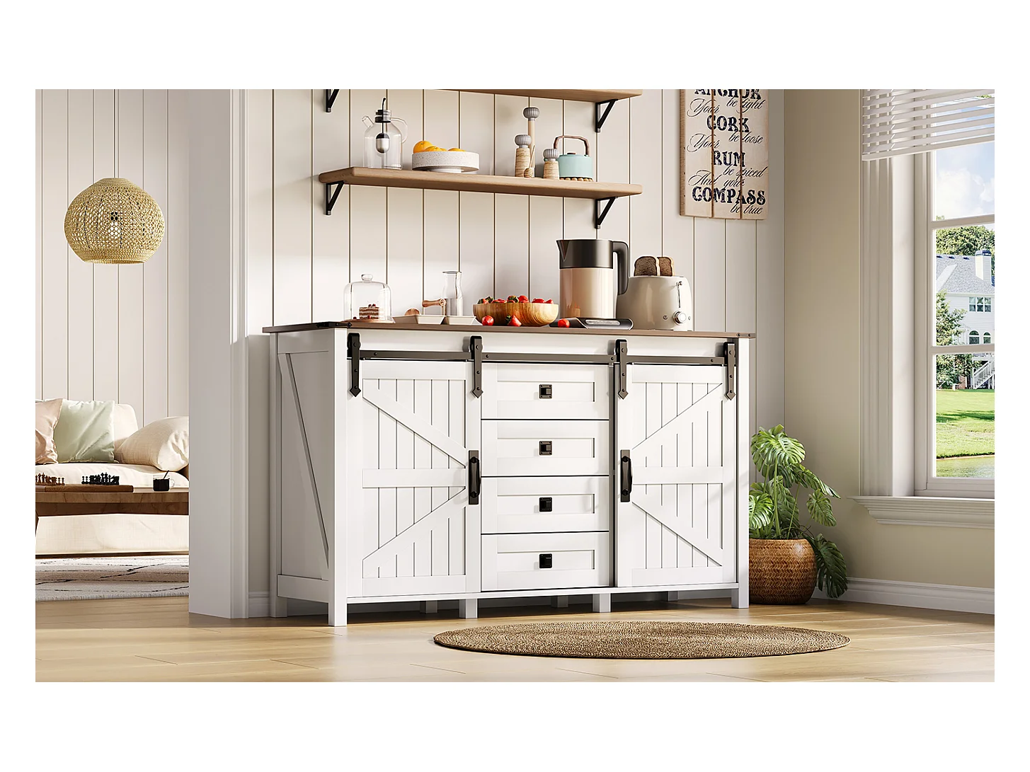 Buffet vintage blanc 137 cm avec 4 tiroirs et portes coulissantes – Parfait pour cuisine, salle à manger ou salon