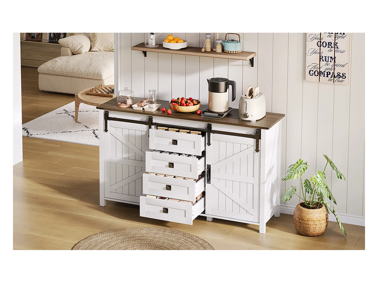 Buffet vintage blanc 137 cm avec 4 tiroirs et portes coulissantes – Parfait pour cuisine, salle à manger ou salon