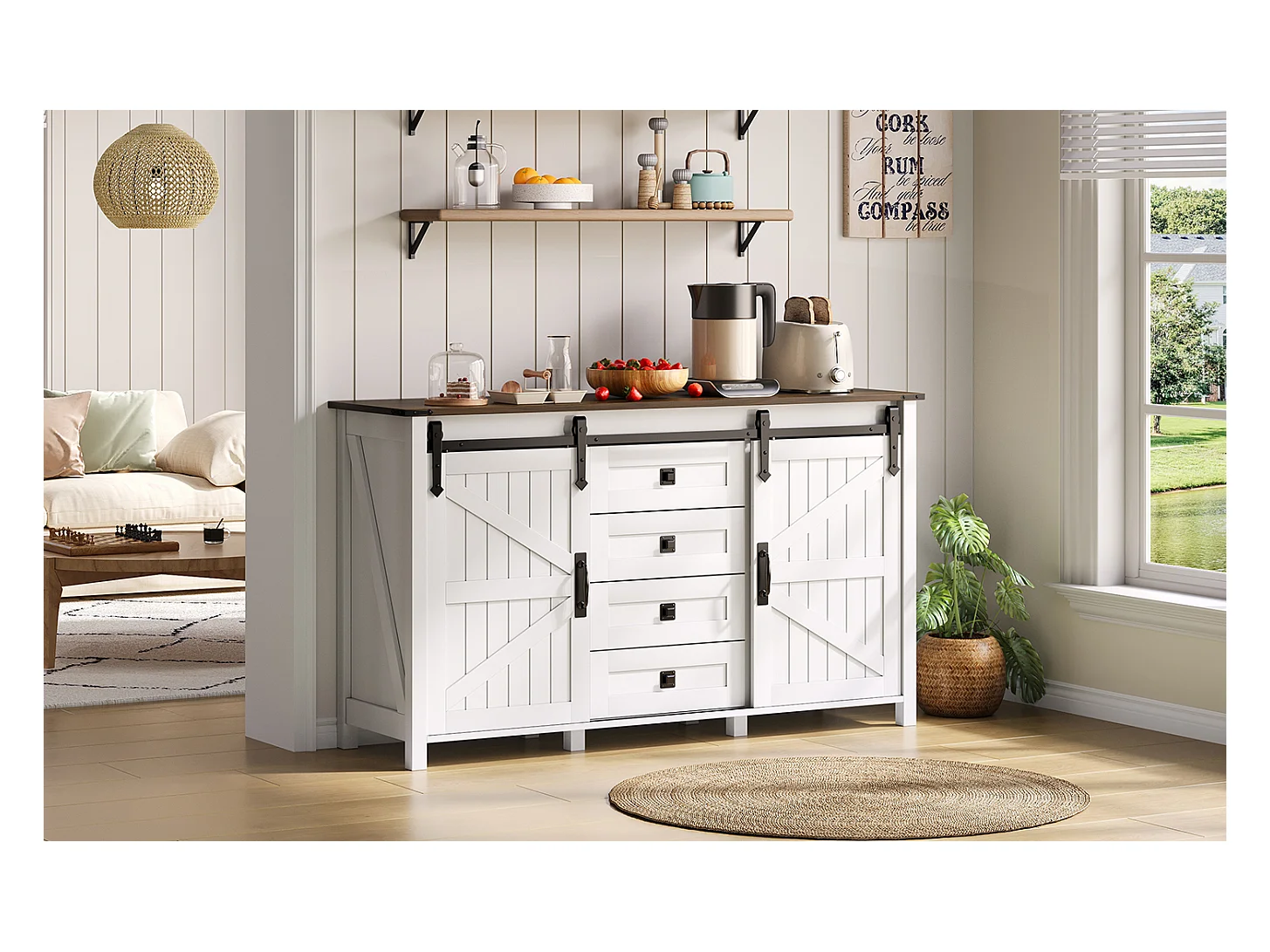 Buffet vintage blanc 137 cm avec 4 tiroirs et portes coulissantes – Parfait pour cuisine, salle à manger ou salon
