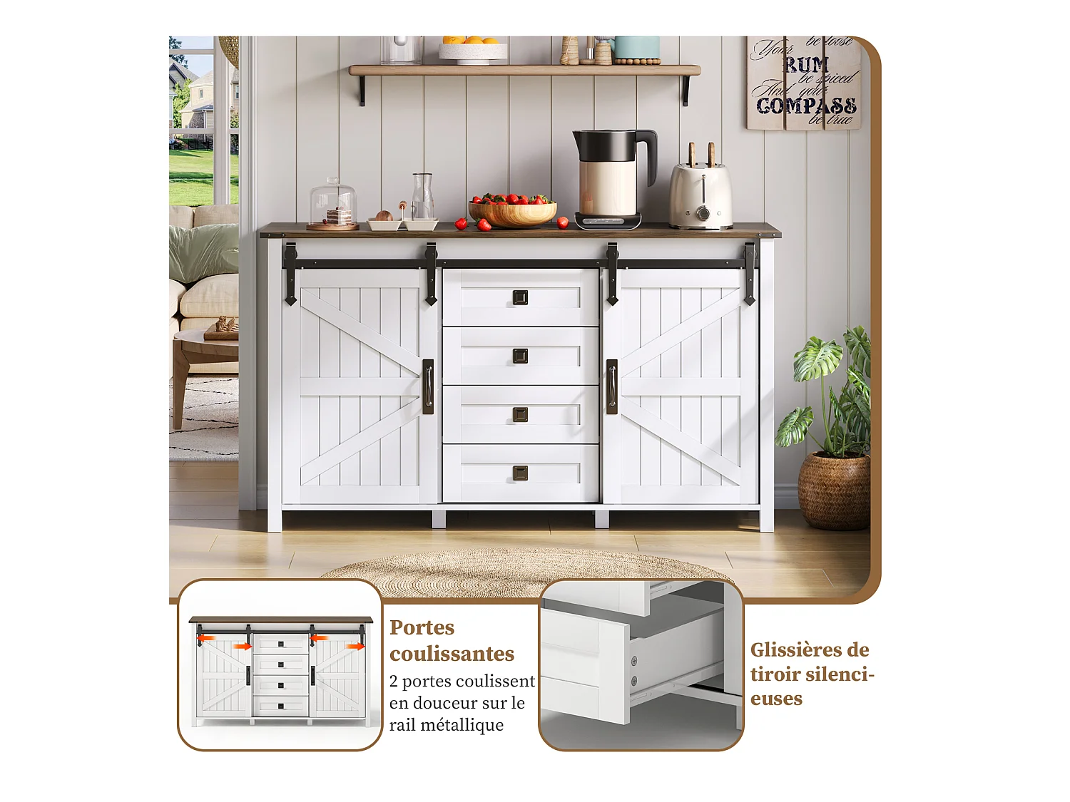 Buffet vintage blanc 137 cm avec 4 tiroirs et portes coulissantes – Parfait pour cuisine, salle à manger ou salon