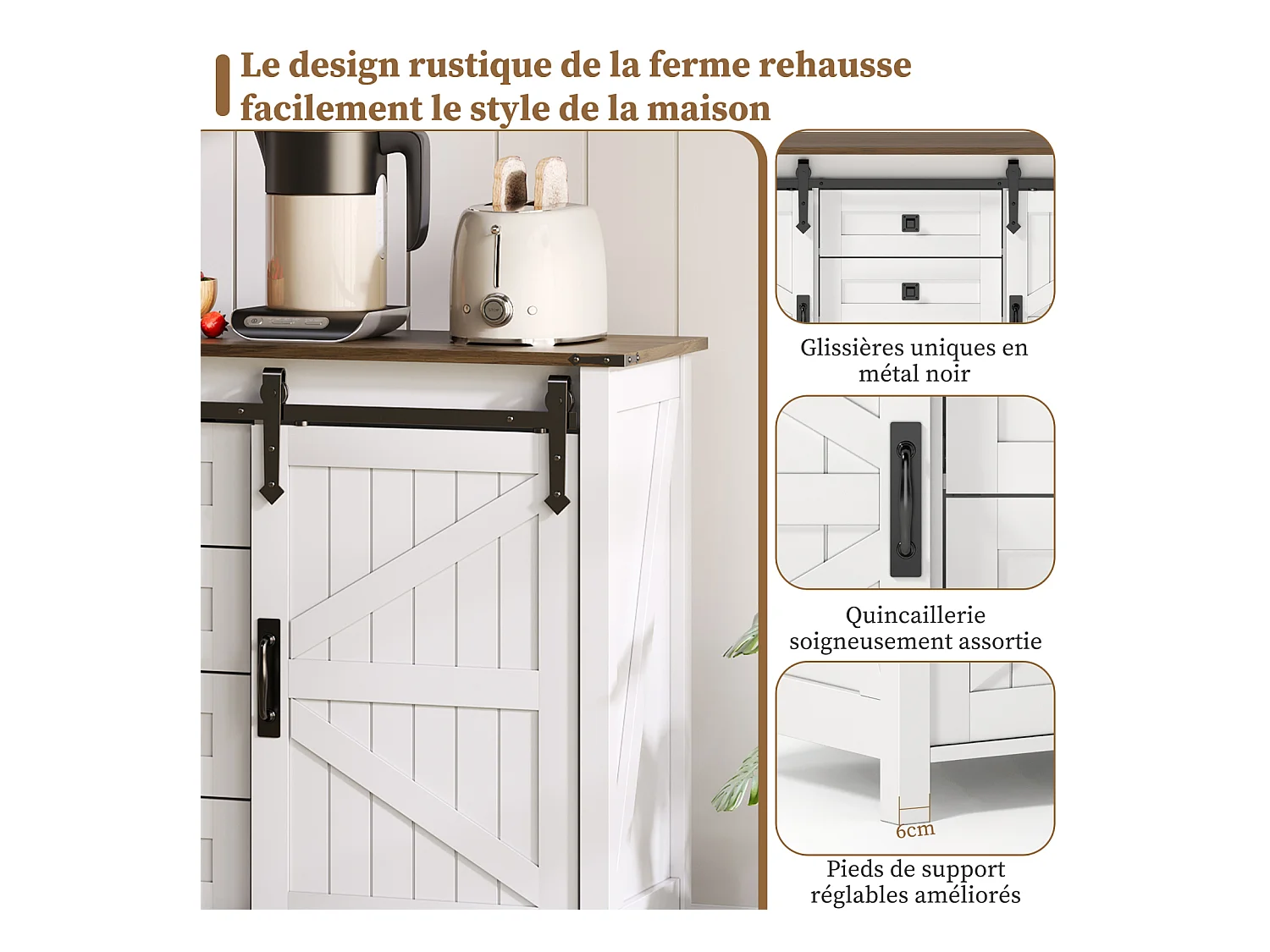 Buffet vintage blanc 137 cm avec 4 tiroirs et portes coulissantes – Parfait pour cuisine, salle à manger ou salon