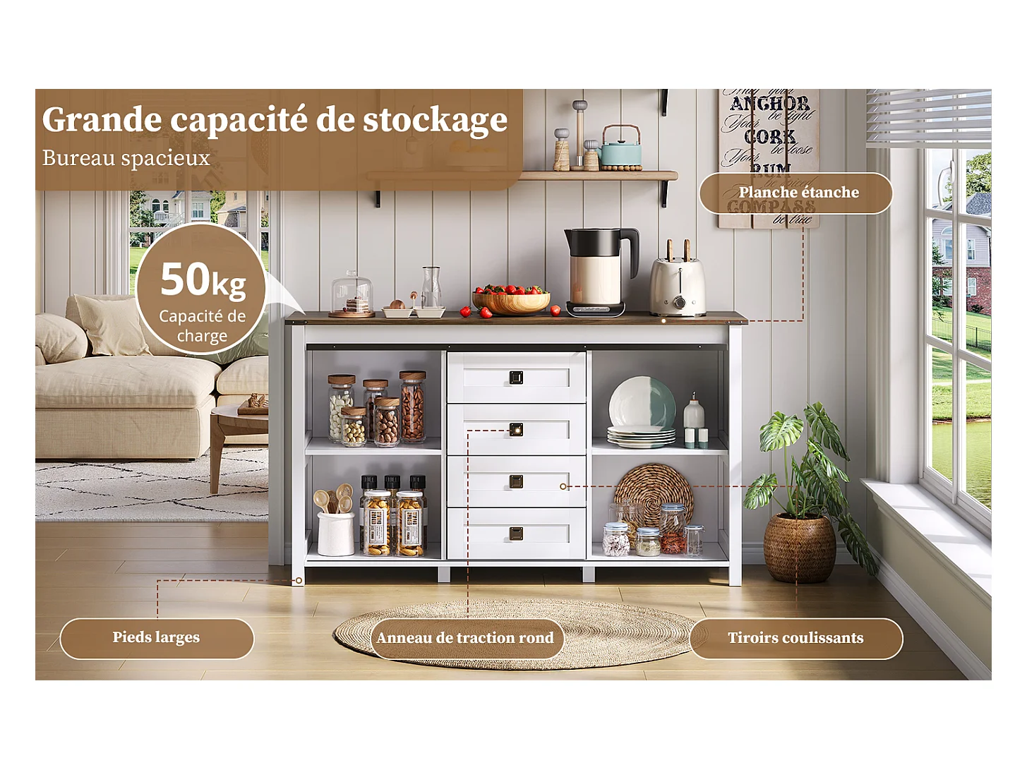 Buffet vintage blanc 137 cm avec 4 tiroirs et portes coulissantes – Parfait pour cuisine, salle à manger ou salon