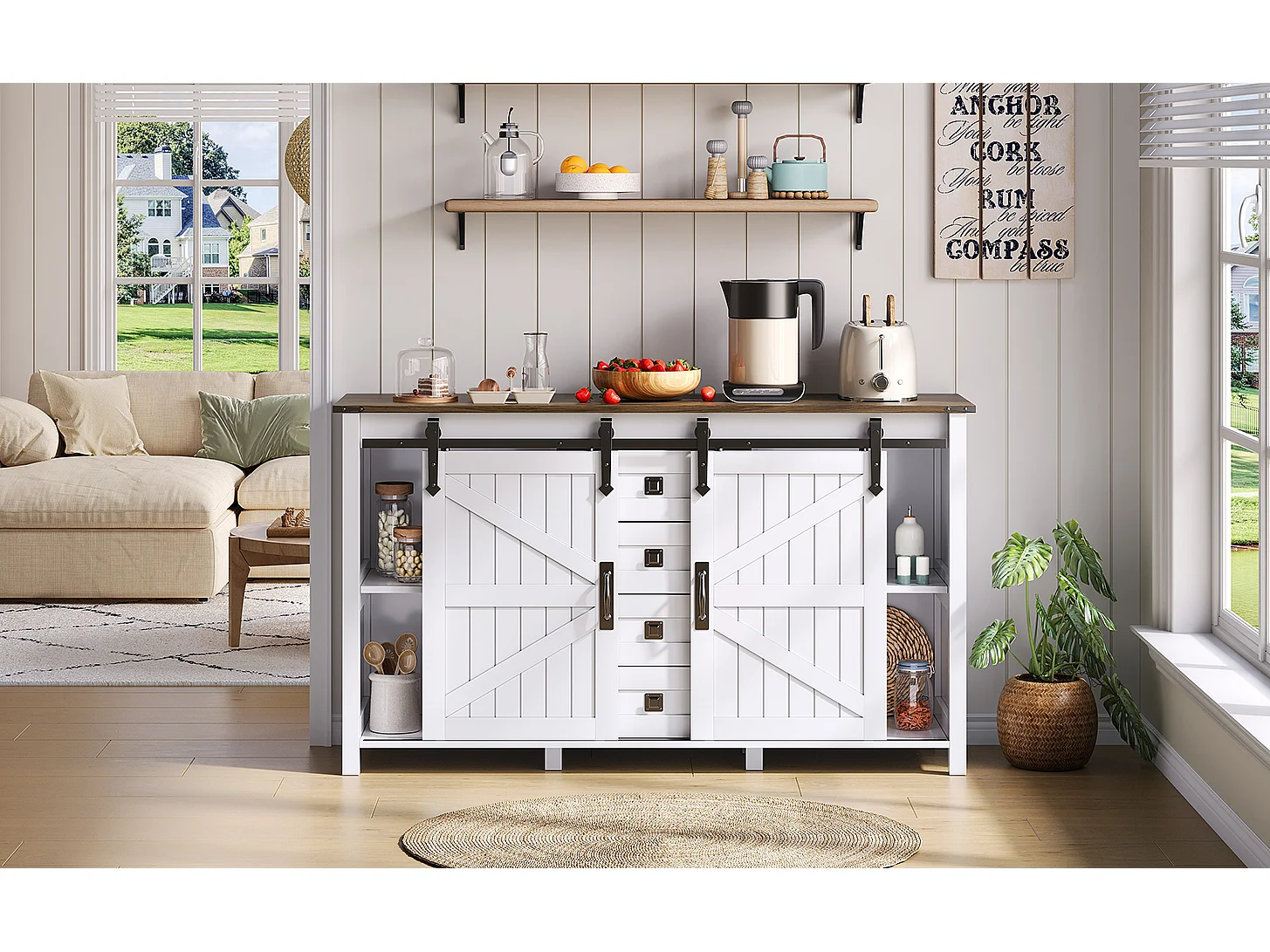 Aparador vintage blanco de 137 cm con 4 cajones y puertas correderas: perfecto para cocina, comedor o sala de estar.