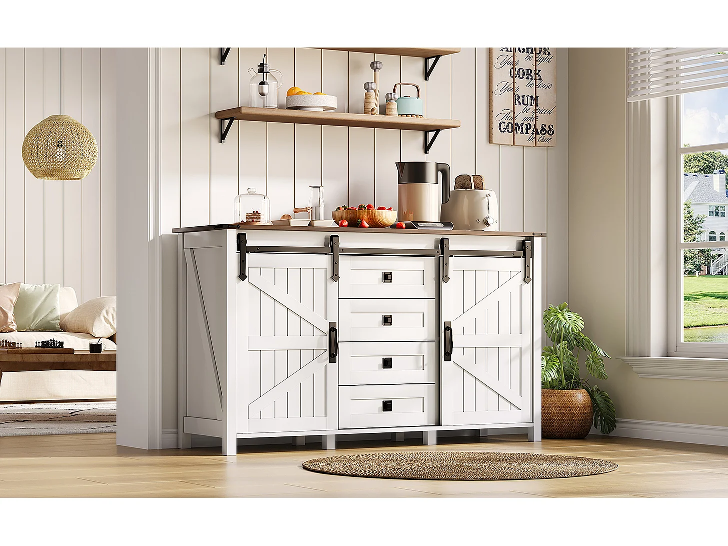 Aparador vintage blanco de 137 cm con 4 cajones y puertas correderas: perfecto para cocina, comedor o sala de estar.