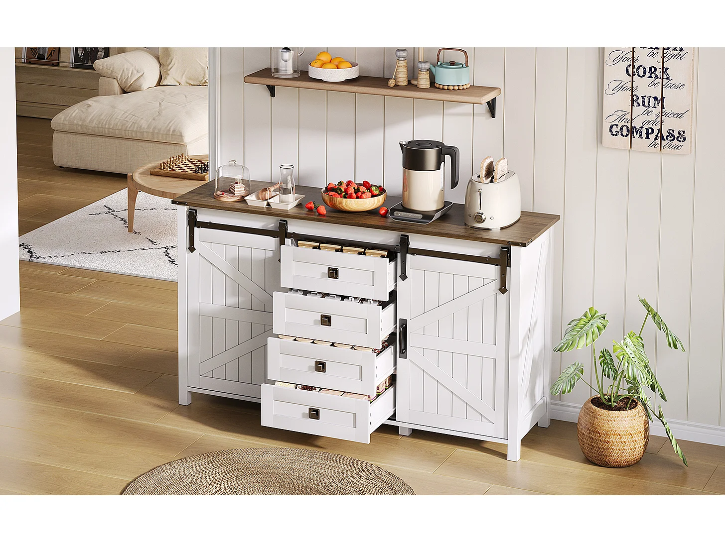 Aparador vintage blanco de 137 cm con 4 cajones y puertas correderas: perfecto para cocina, comedor o sala de estar.