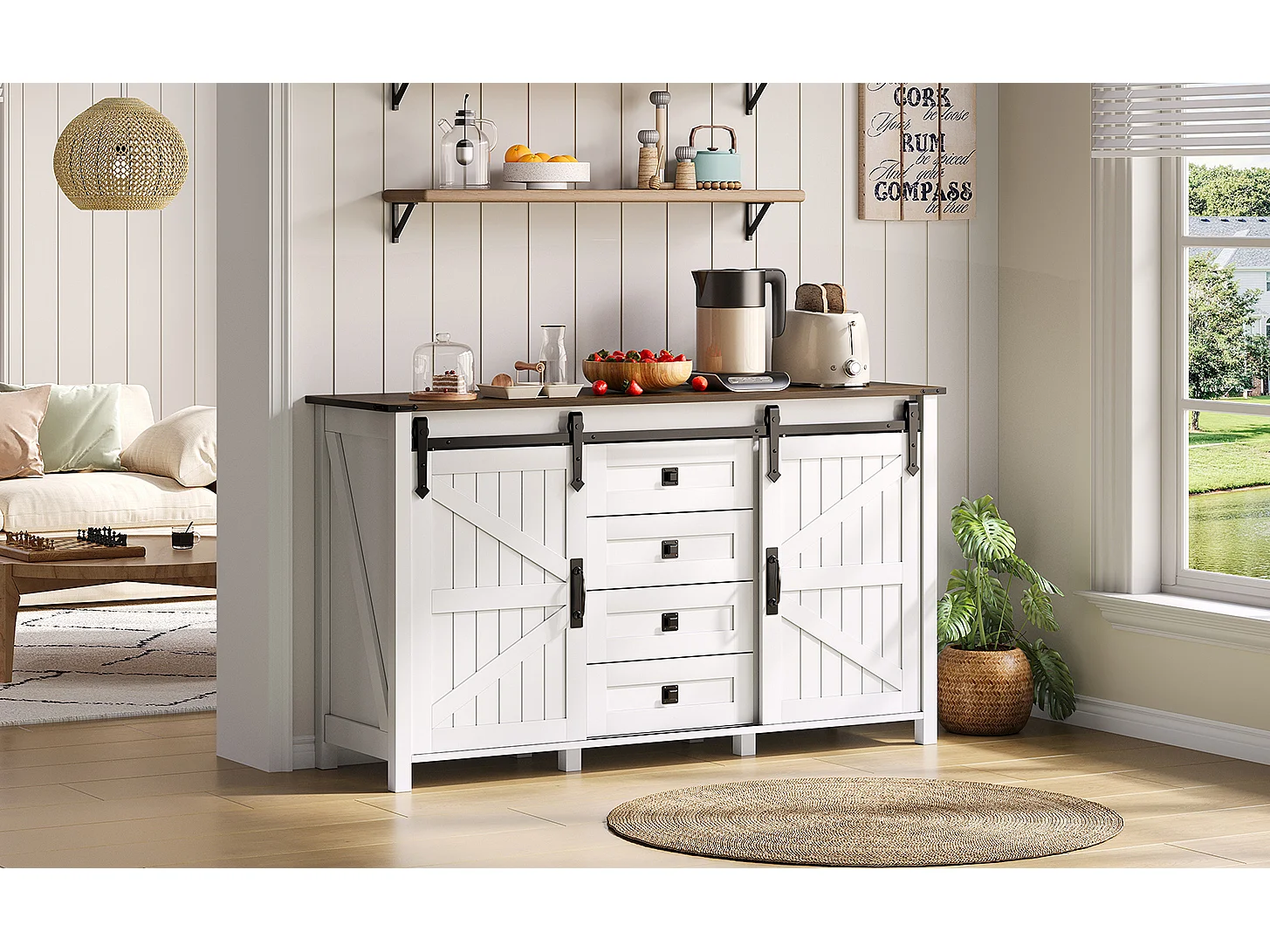 Aparador vintage blanco de 137 cm con 4 cajones y puertas correderas: perfecto para cocina, comedor o sala de estar.