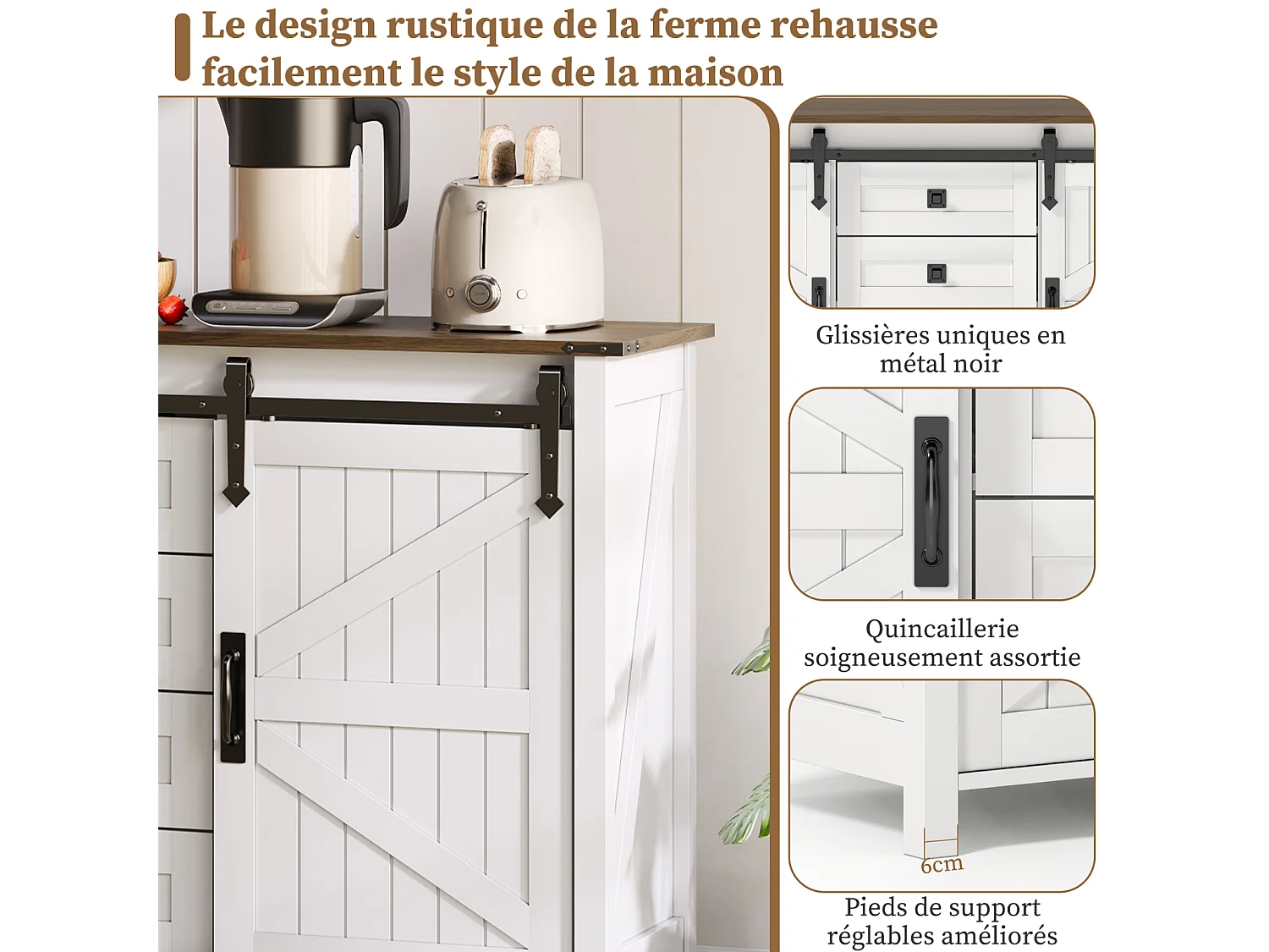 Aparador vintage blanco de 137 cm con 4 cajones y puertas correderas: perfecto para cocina, comedor o sala de estar.