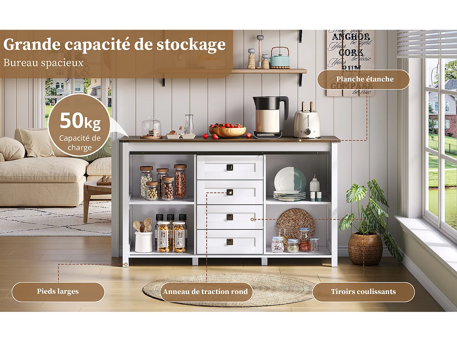 Aparador vintage blanco de 137 cm con 4 cajones y puertas correderas: perfecto para cocina, comedor o sala de estar.