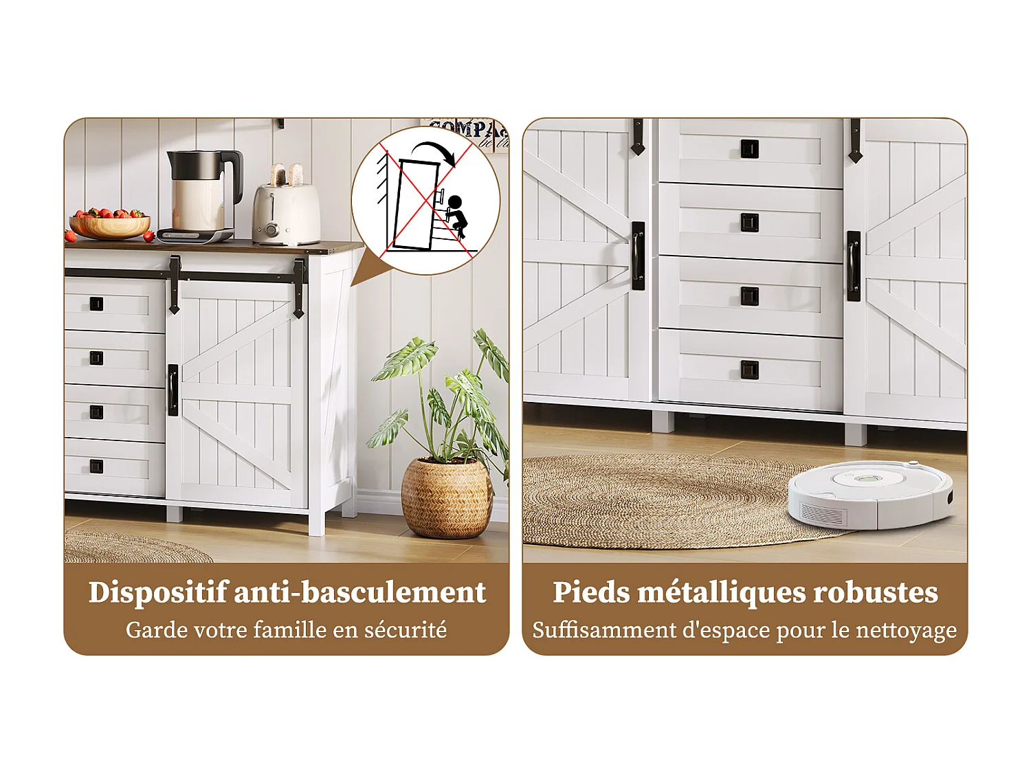 Aparador vintage blanco de 137 cm con 4 cajones y puertas correderas: perfecto para cocina, comedor o sala de estar.