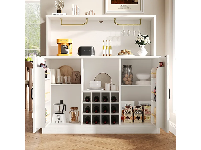 Buffet moderne minimaliste 120x40x120 cm, grain de bois élégant, porte-verres, rangement à plusieurs niveaux, blanc avec décor noir