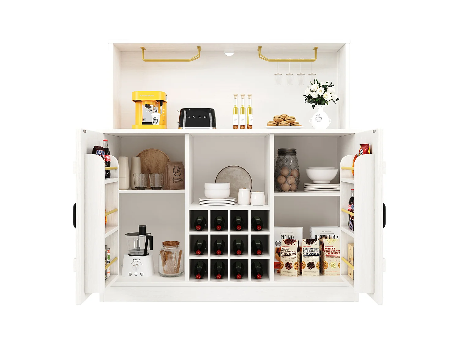 Buffet moderne minimaliste 120x40x120 cm, grain de bois élégant, porte-verres, rangement à plusieurs niveaux, blanc avec décor noir