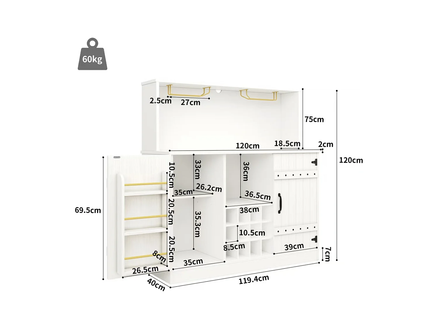 Buffet moderne minimaliste 120x40x120 cm, grain de bois élégant, porte-verres, rangement à plusieurs niveaux, blanc avec décor noir