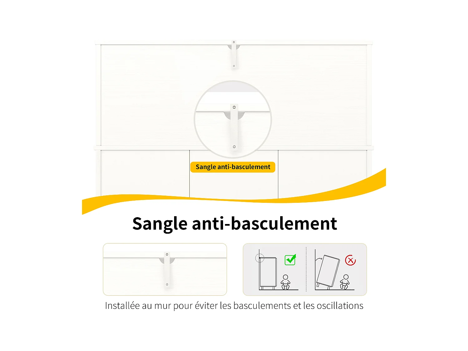 Buffet moderne minimaliste 120x40x120 cm, grain de bois élégant, porte-verres, rangement à plusieurs niveaux, blanc avec décor noir