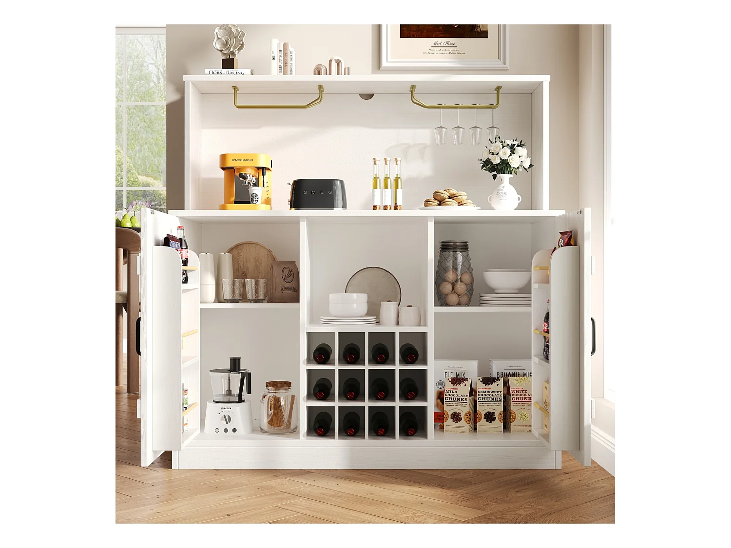Modern minimalistisch dressoir 120x40x120 cm, elegante houtnerf, glazenhouder, opbergruimte op meerdere niveaus, wit met zwart decor