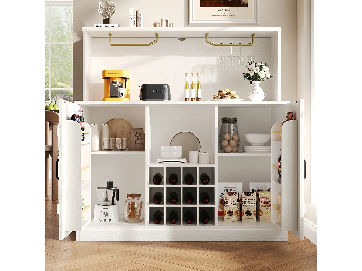 Buffet moderne minimaliste 120x40x120 cm, grain de bois élégant, porte-verres, rangement à plusieurs niveaux, blanc avec décor noir