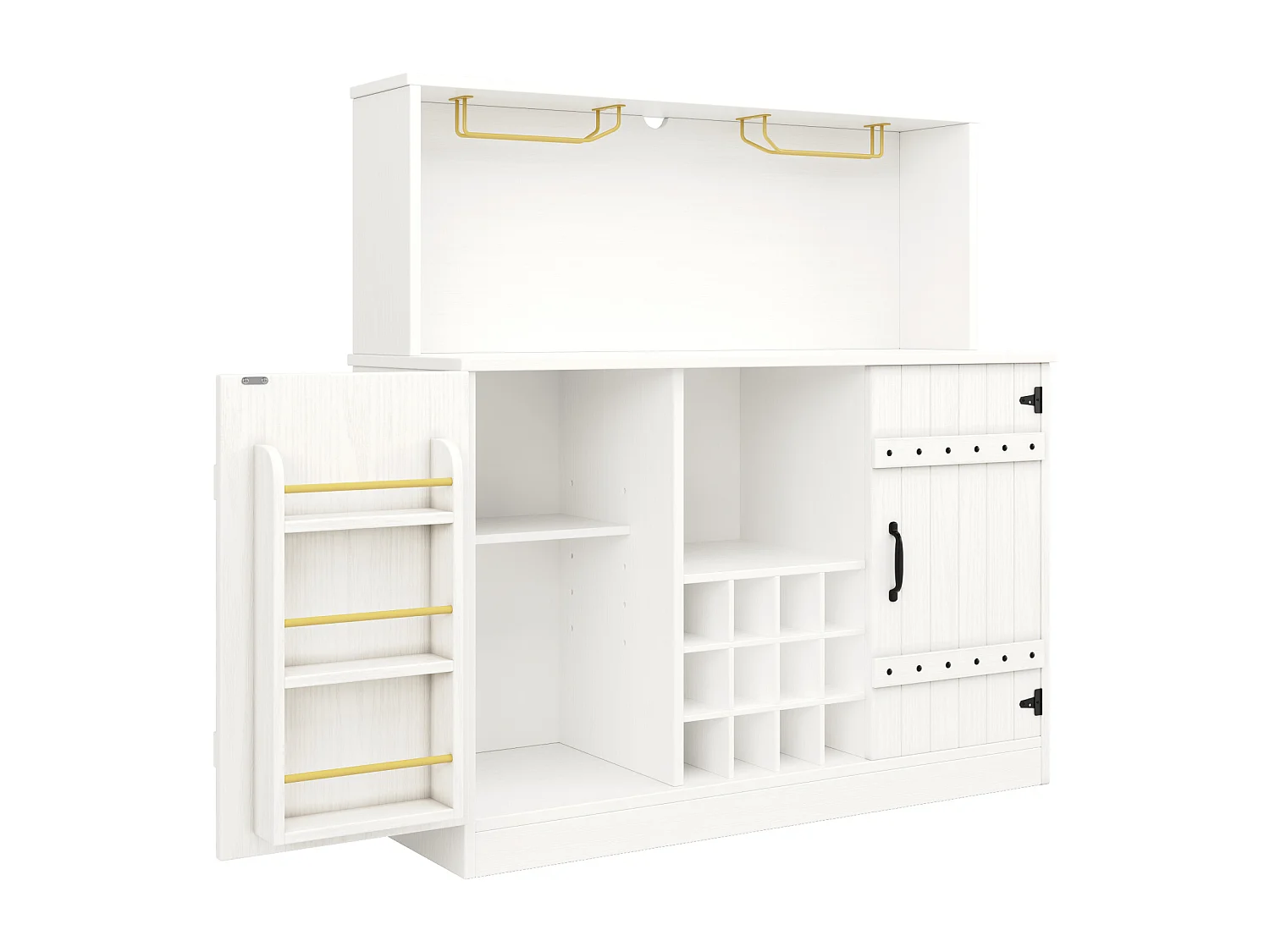 Buffet moderne minimaliste 120x40x120 cm, grain de bois élégant, porte-verres, rangement à plusieurs niveaux, blanc avec décor noir