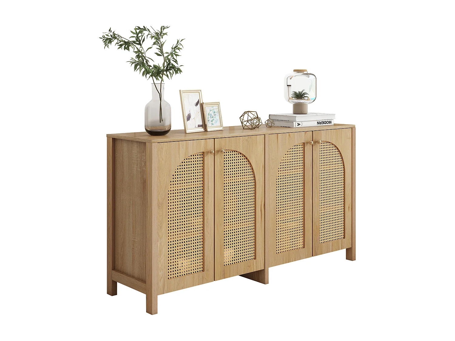 Modern dressoir van natuurlijk hout met 4 rotandeuren, minimalistisch design, elegant en praktisch voor eetkamer, woonkamer en keuken