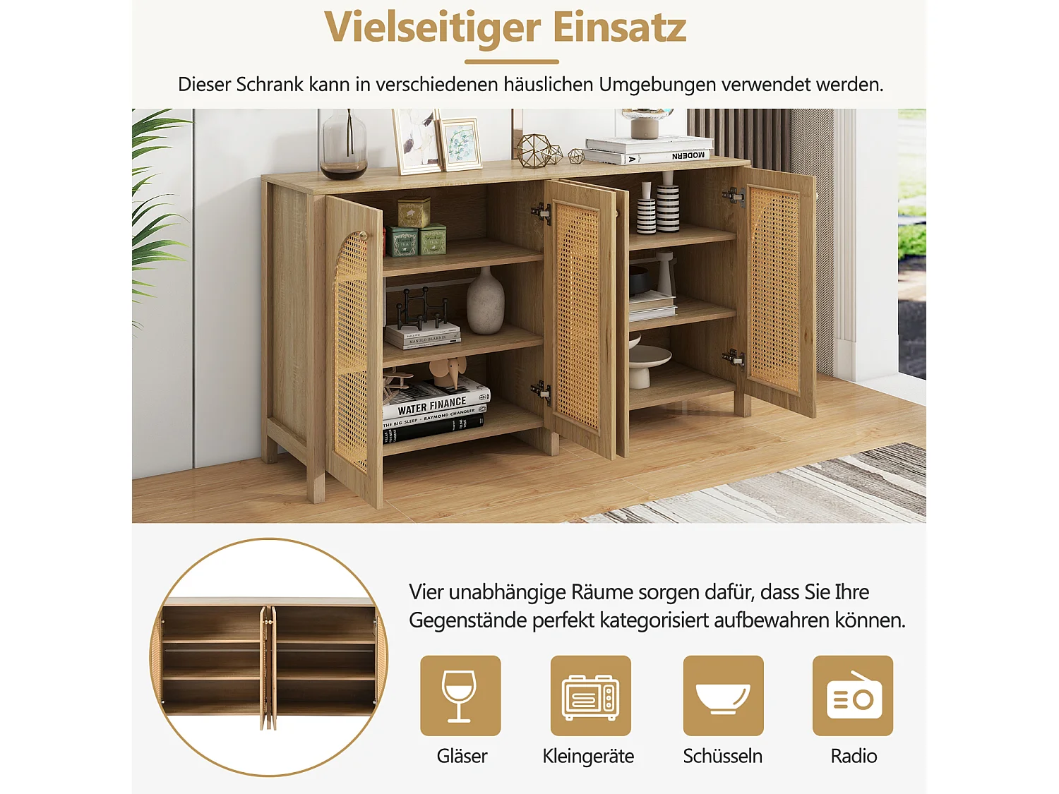 Modern dressoir van natuurlijk hout met 4 rotandeuren, minimalistisch design, elegant en praktisch voor eetkamer, woonkamer en keuken