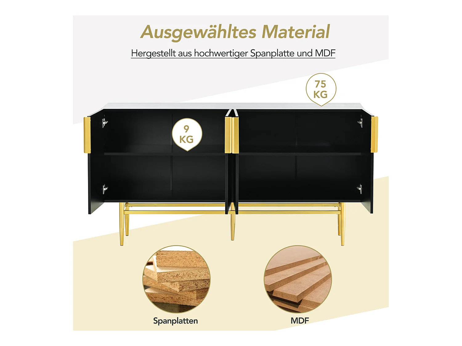 Buffet moderne et élégant 4 portes – Poignées en métal doré – Meuble noir pour salle à manger, salon, chambre ou entrée