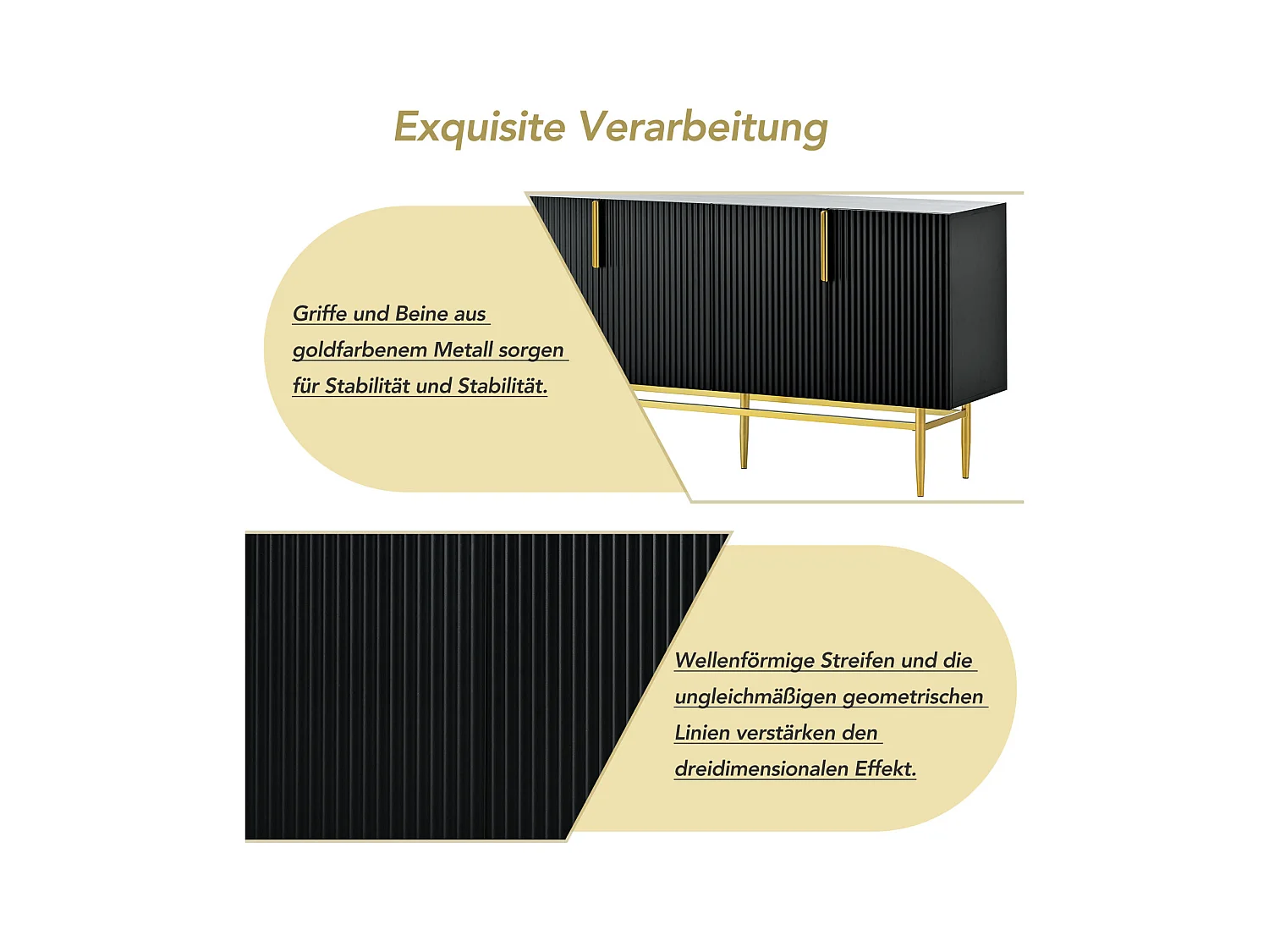 Buffet moderne et élégant 4 portes – Poignées en métal doré – Meuble noir pour salle à manger, salon, chambre ou entrée