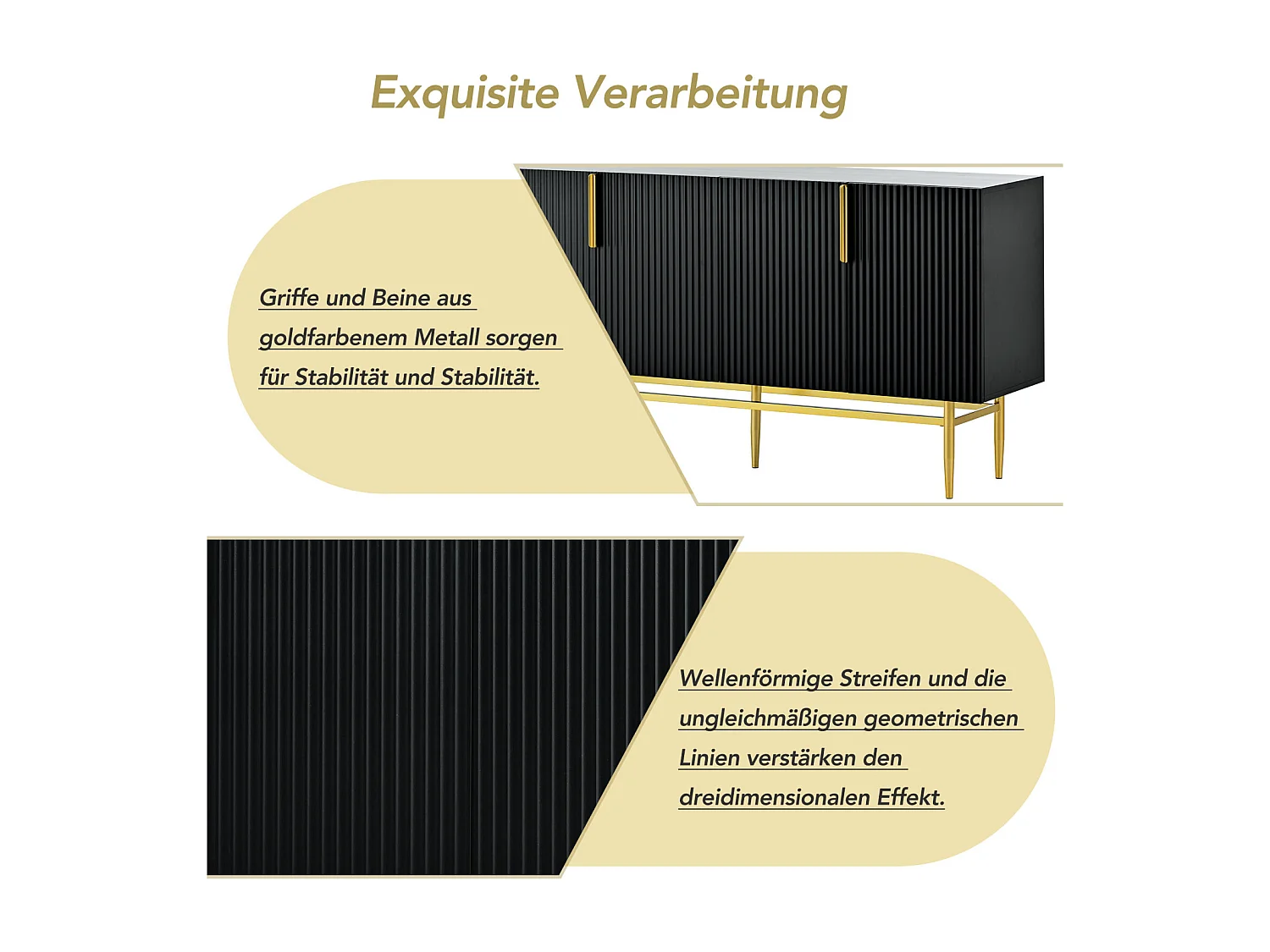 Buffet moderne et élégant 4 portes – Poignées en métal doré – Meuble noir pour salle à manger, salon, chambre ou entrée