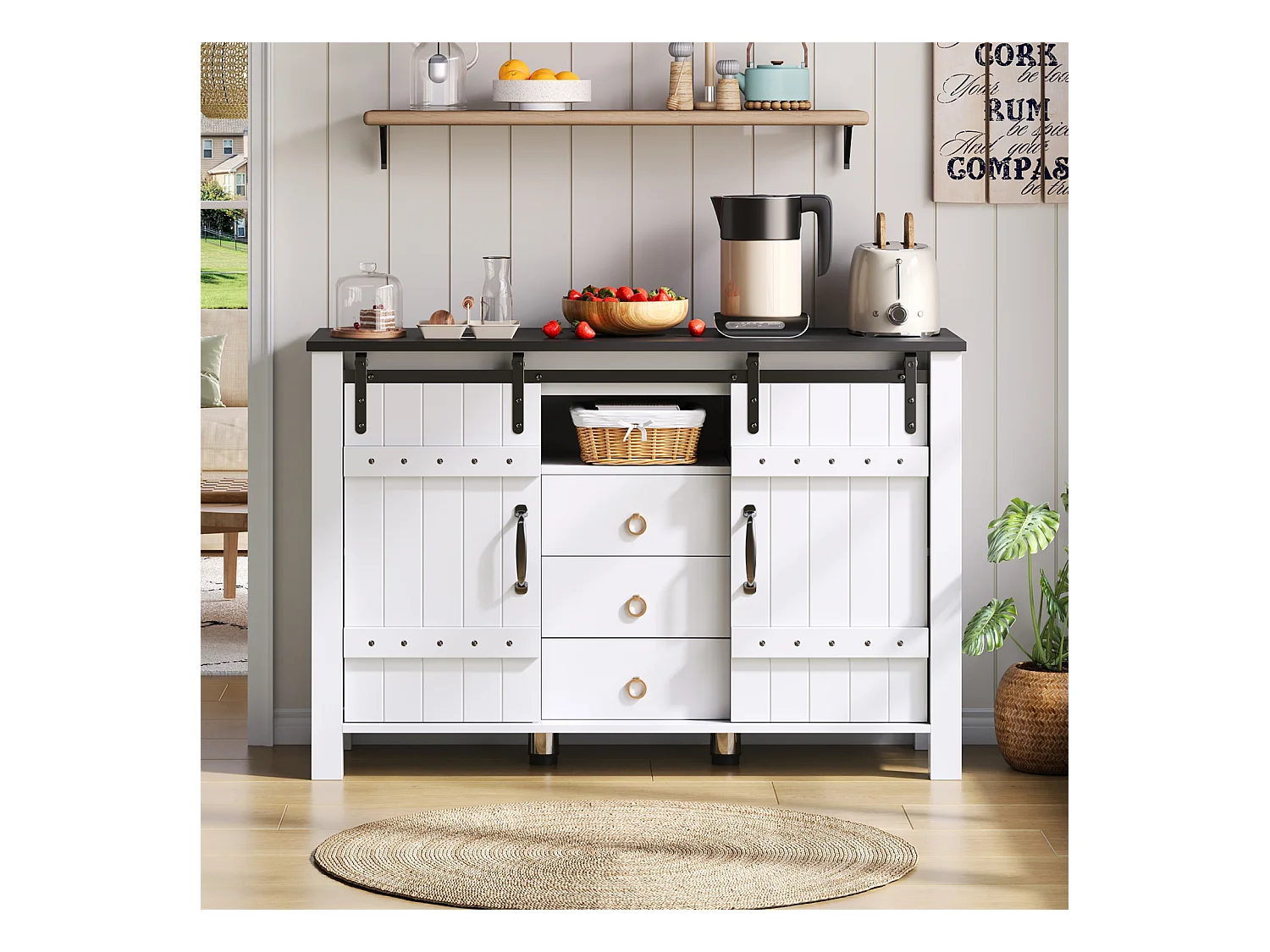 Buffet avec rangement 120 cm – Portes coulissantes et 3 tiroirs, style rustique en bois, blanc, idéal pour cuisine, salle à manger et salon