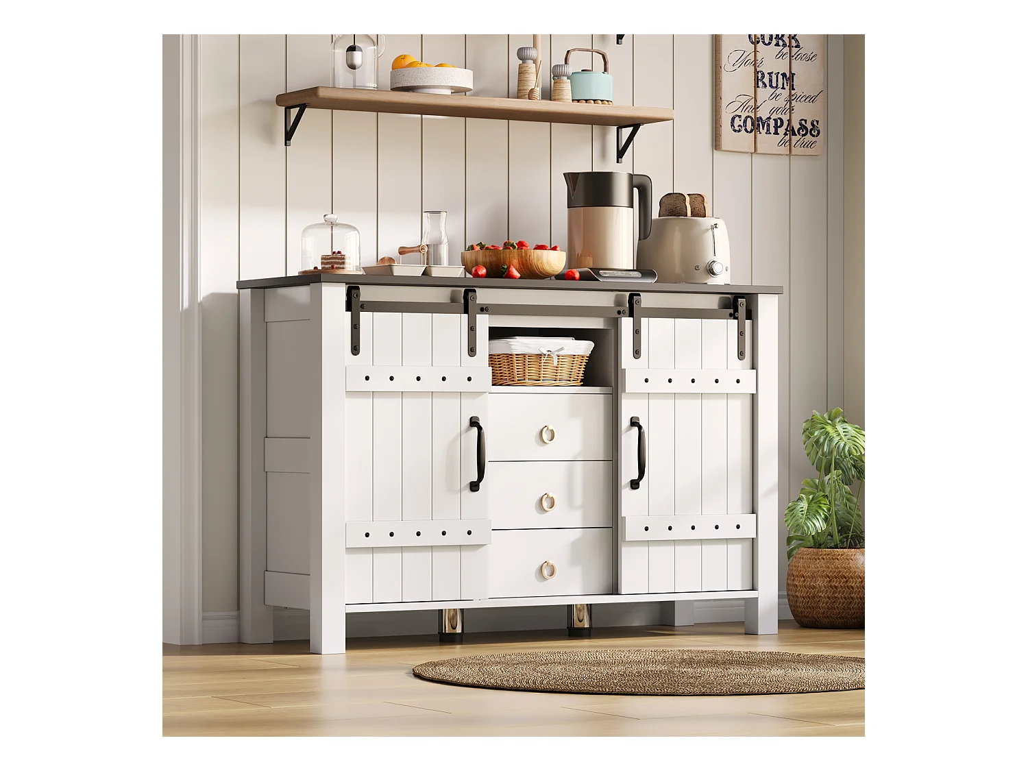 Buffet avec rangement 120 cm – Portes coulissantes et 3 tiroirs, style rustique en bois, blanc, idéal pour cuisine, salle à manger et salon