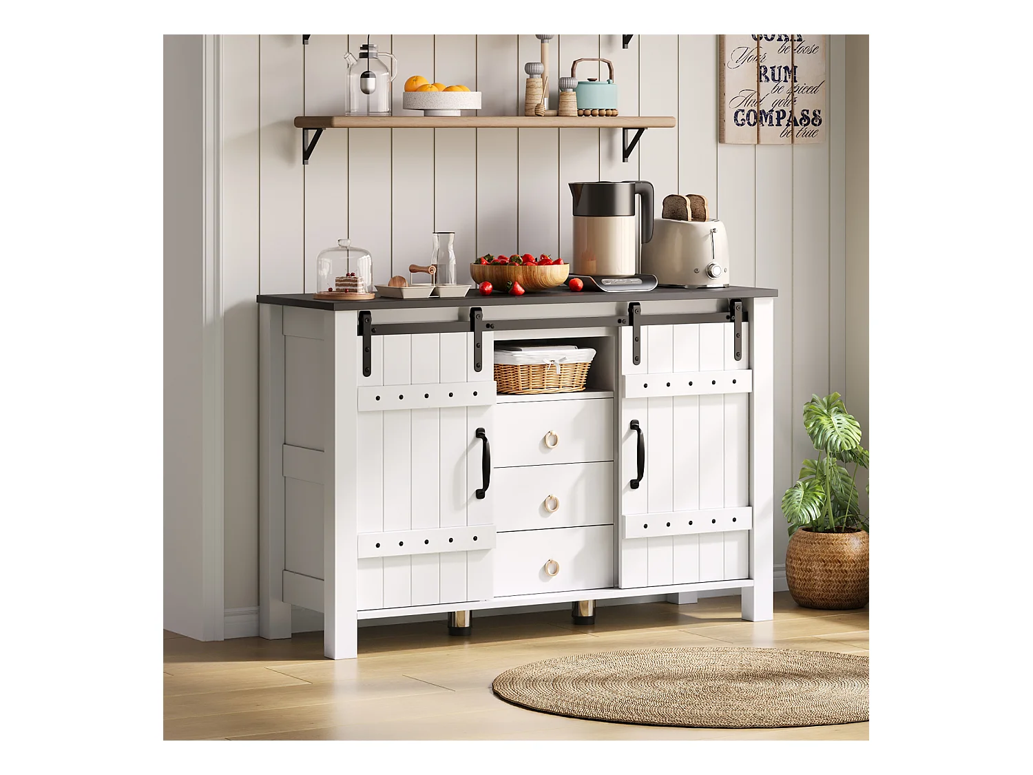 Buffet avec rangement 120 cm – Portes coulissantes et 3 tiroirs, style rustique en bois, blanc, idéal pour cuisine, salle à manger et salon