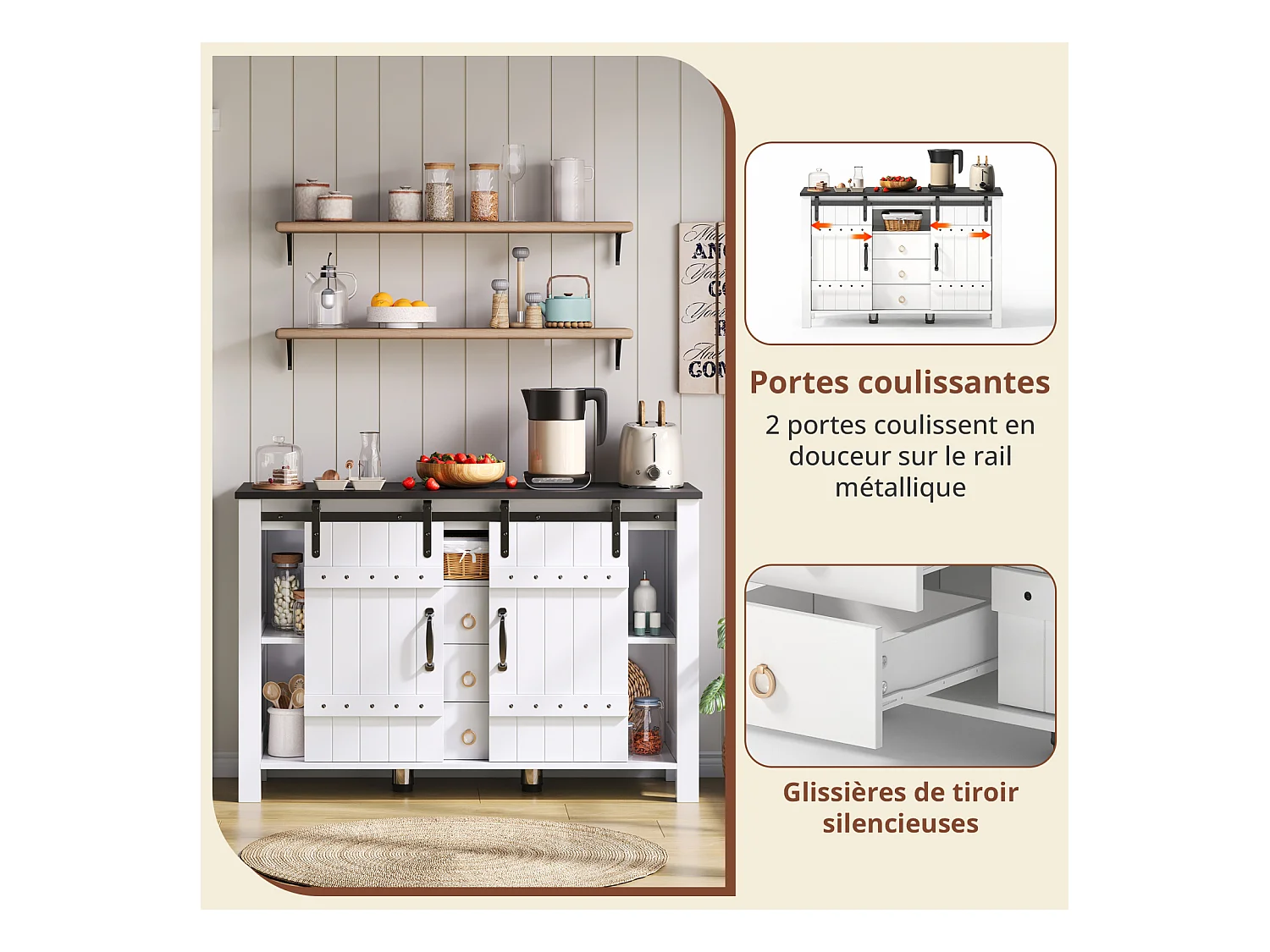 Buffet avec rangement 120 cm – Portes coulissantes et 3 tiroirs, style rustique en bois, blanc, idéal pour cuisine, salle à manger et salon