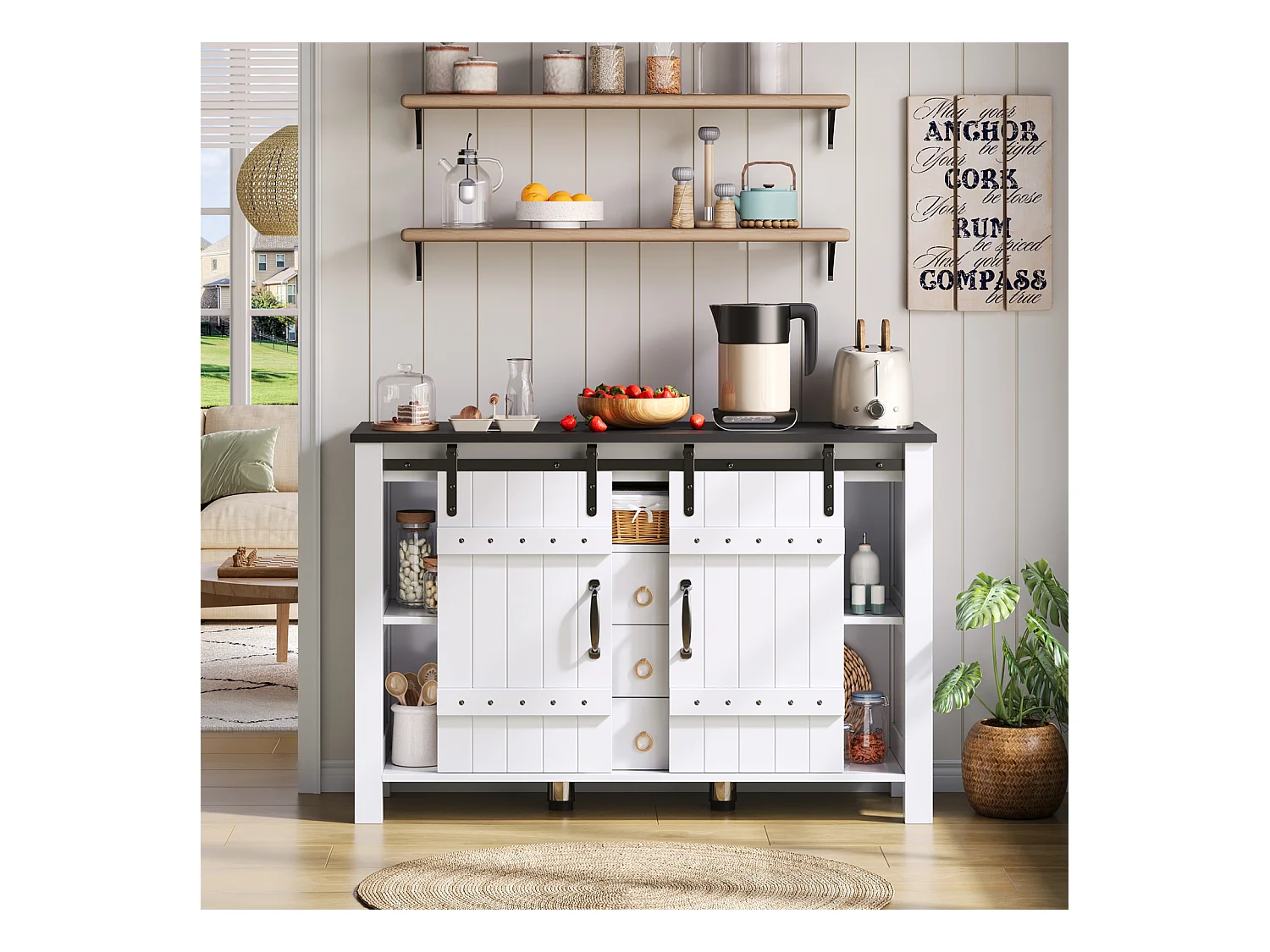 Dressoir met opbergruimte 120 cm - Schuifdeuren en 3 lades, rustieke stijl in hout, wit, ideaal voor keuken, eetkamer en woonkamer