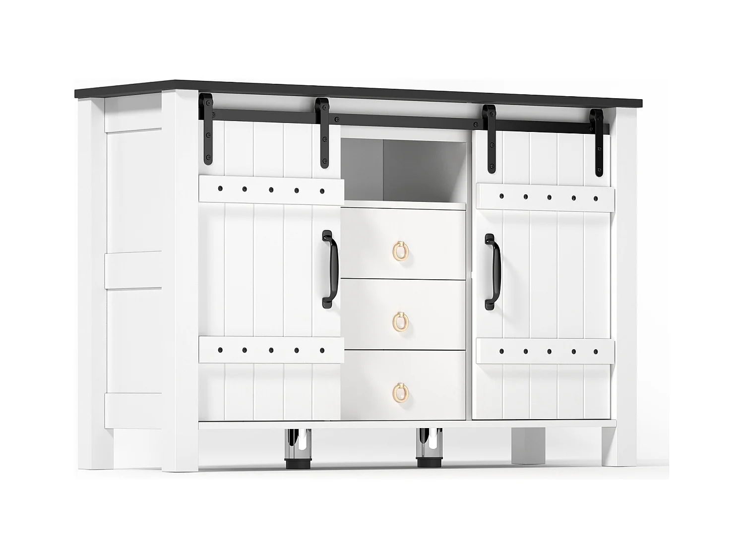 Buffet avec rangement 120 cm – Portes coulissantes et 3 tiroirs, style rustique en bois, blanc, idéal pour cuisine, salle à manger et salon